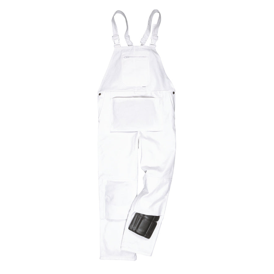 White bib and brace with large front pocket and shoulder straps.Bib and brace has kneepad pockets.