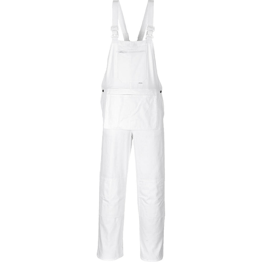 White bib and brace with large front pocket and shoulder straps. Bib and brace has kneepad pockets.