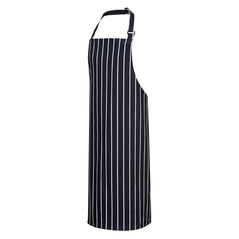 Navy and white butchers apron with neck tightening and string tie.