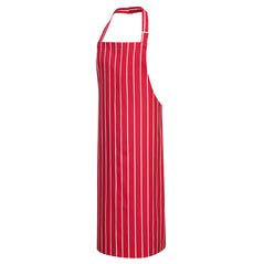 Red and white butchers apron with neck tightening and string tie.