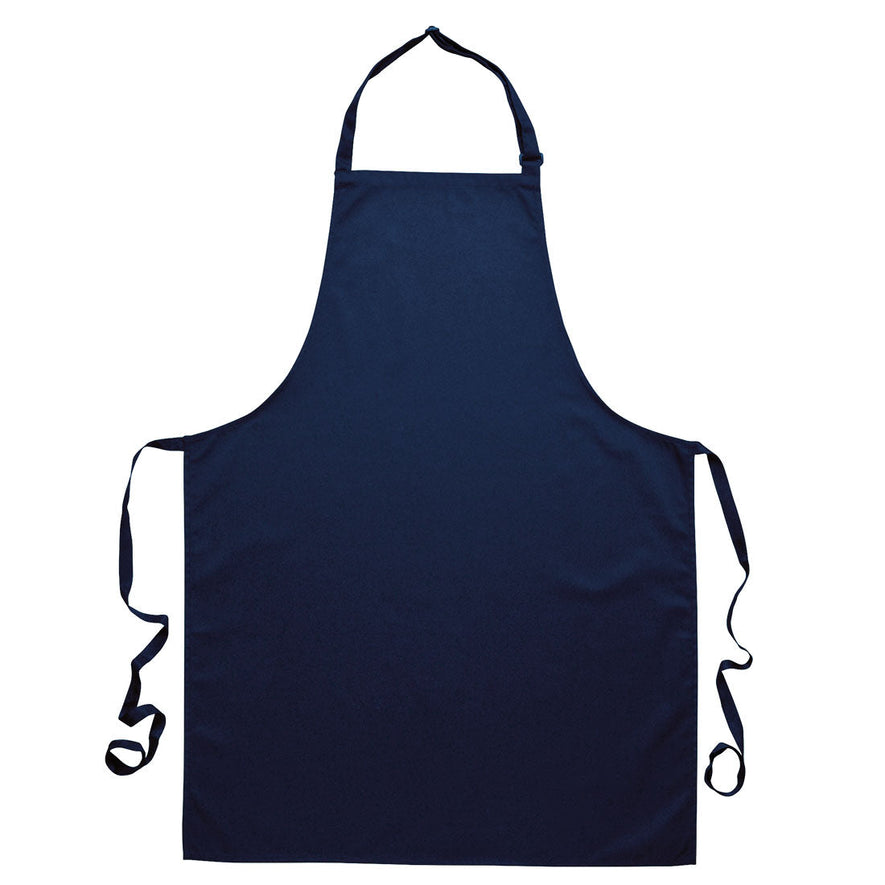 Navy portwest polycotton bib apron. Apron has a neck loop with ability to tighten. Apron also has waist tighten string ties.