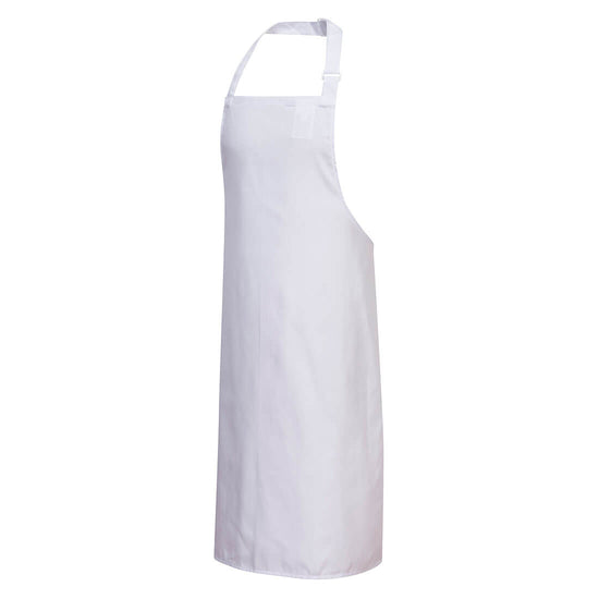 White portwest polycotton bib apron. Apron has a neck loop with ability to tighten.