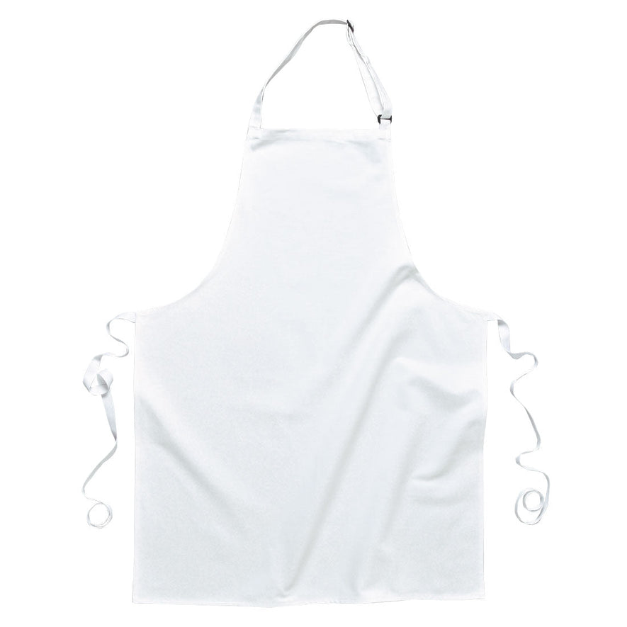White portwest polycotton bib apron. Apron has a neck loop with ability to tighten. Apron also has waist tighten string ties.