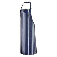 Navy portwest waterproof bib apron. Apron has neck tie, waist tighten and white stripes running down the apron.