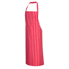 Red portwest waterproof bib apron. Apron has neck tie, waist tighten and white stripes running down the apron.