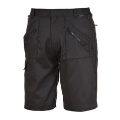 Black shorts with zip pockets.