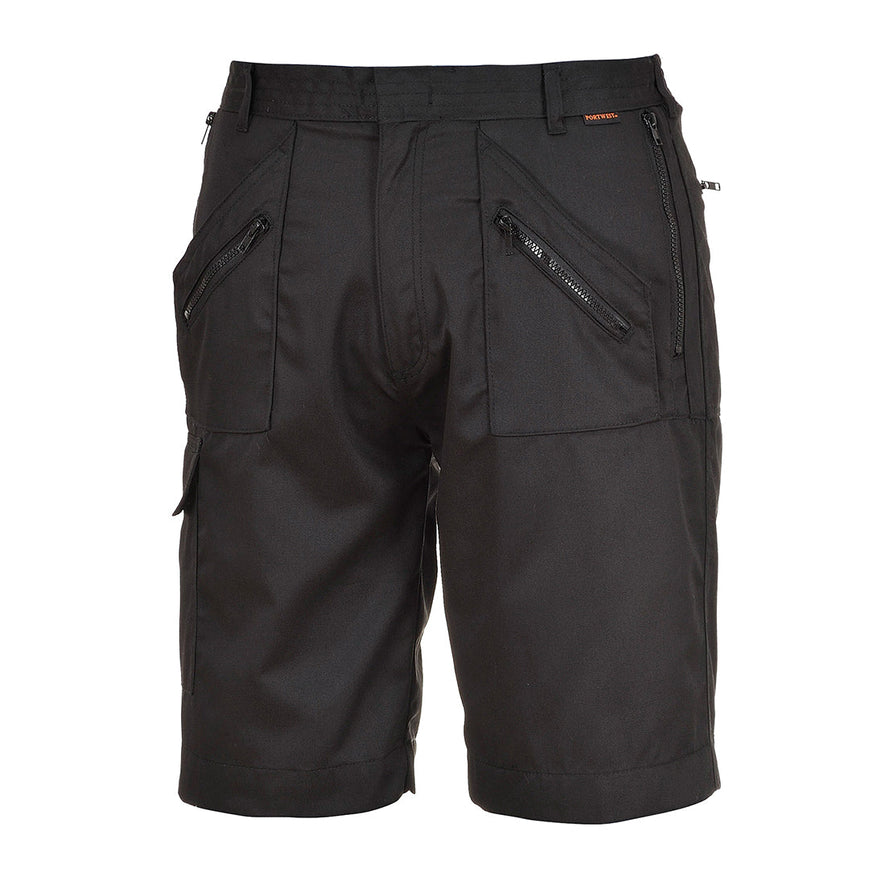 Black shorts with zip pockets.