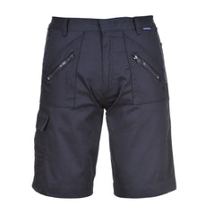Navy shorts with zip pockets.