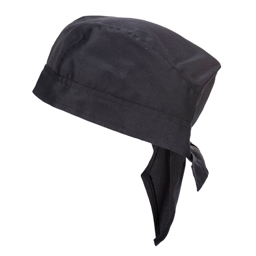 Black chefs bandana with tie back.