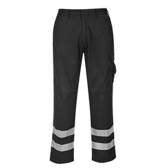Black Iona Safety Trousers with two reflective strips on ankles, pockets on hips and side of leg, belt loops on waistband and knee pads patches.