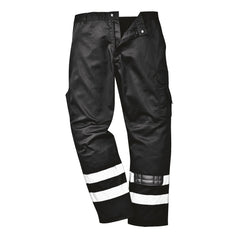 Black Iona Safety Trousers with two reflective strips on ankles, pockets on hips and side of leg, belt loops on waistband and knee pads patches.