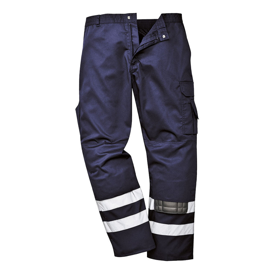 Navy Iona Safety Trousers with two reflective strips on ankles, pockets on hips and side of leg, belt loops on waistband and knee pads patches.