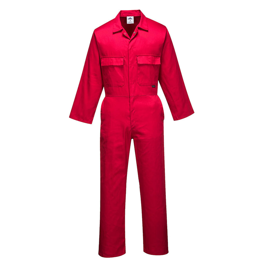 Red euro work coverall with two chest pockets.