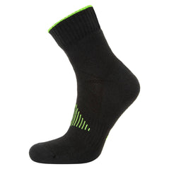 Portwest Recycled Trainer Sock in black with green hem and pattern on top of sock.