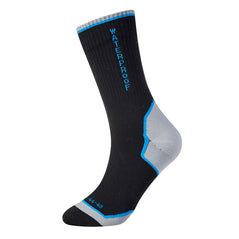 Black performance waterproof sock. Sock has blue stitching and grey front and ankle area.