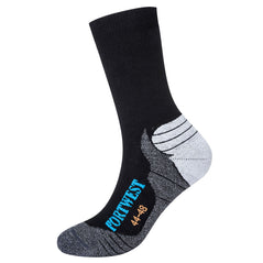 Black hiker sock with grey bottom and white heel. Blue writing.