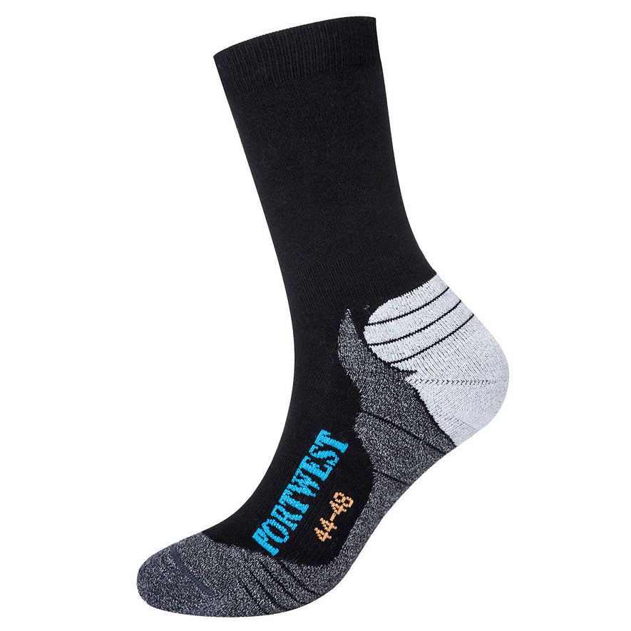 Black hiker sock with grey bottom and white heel. Blue writing.