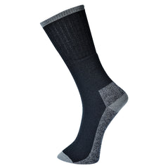Black portwest work socks. Socks have a grey top line, bottom of the sole, ankle and toe area. Sold in pack of three.