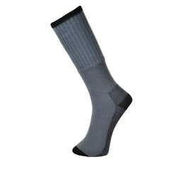 Grey portwest work socks. Socks have a black top line, bottom of the sole, Black ankle and toe area. Sold in pack of three.