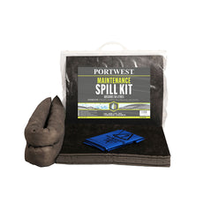 Black spill kit sock and pads with blue disposable bag.