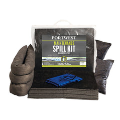 Black maintenance kit including a black sock and black pads with bags of powder, Blue bin bag.