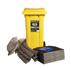 yellow spill kit bin, black pads and absorption sock.