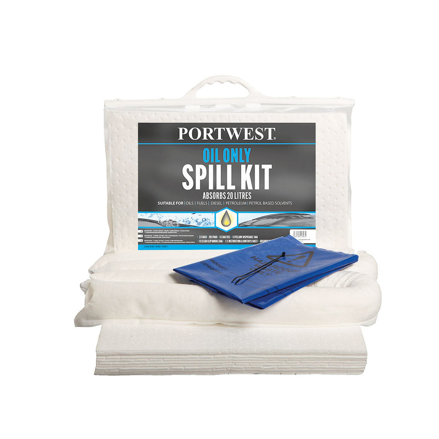 white sock and spill kit pads with blue bag