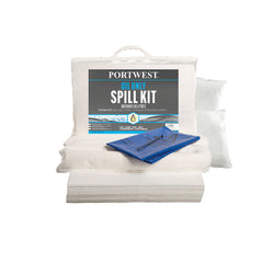 White oil spill kit with bags of powder, white oil sock, white pads and a blue bag.