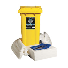 yellow spill kit bin with white spillage pads, white oil sock and blue bags.