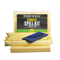 Yellow spill kit sock and pads with blue bag.