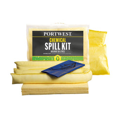 Yellow spill kit including a yellow sock yellow bags of powder, yellow pads and a blue bag. kit has a black sticker and writing.