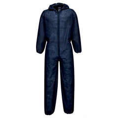 Navy PP coverall with full zip and a hood.