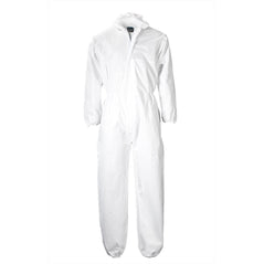 White PP coverall with full zip and a hood.