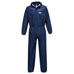 Navy disposable biztex sms hooded coverall. The coverall is a type 5/6 coverall. The hood and cuffs are all elasticated optimising the whole body for protection.