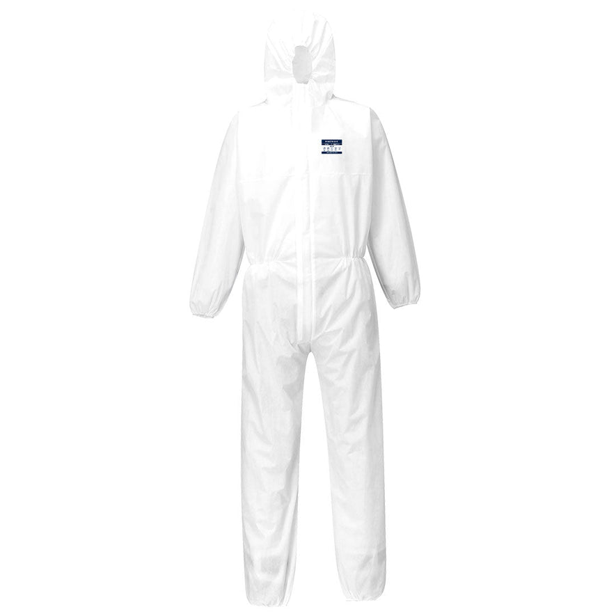 White disposable biztex sms hooded coverall. The coverall is a type 5/6 coverall. The hood and cuffs are all elasticated optimising the whole body for protection. 