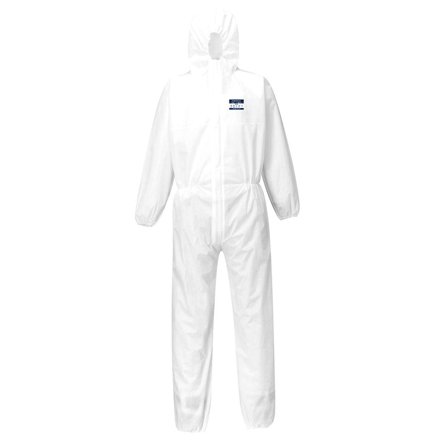 White disposable biztex sms hooded coverall. The coverall is a type 5/6 coverall. The hood and cuffs are all elasticated optimising the whole body for protection.