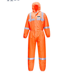 Orange disposable visex sms hooded hi vis coverall. The coverall is a type 5/6 coverall. The hood and cuffs are all elasticated optimising the whole body for protection. Coverall has hi vis bands on the chest, shoulders, arms and legs.