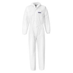 White disposable biztex microporous hooded coverall. The coverall is a type 5/6 coverall. The hood and cuffs are all elasticated optimising the whole body for protection.