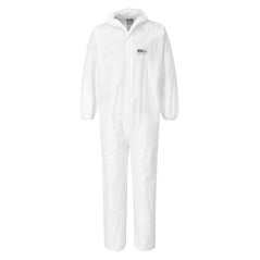 White disposable hooded coverall. The coverall is a type 5/6 coverall. The hood and cuffs are all elasticated optimising the whole body for protection.