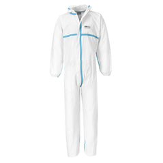 White disposable biztex microporous hooded coverall. The coverall is a type 4/5/6 coverall. Coverall has blue accents. The hood and cuffs are all elasticated optimising the whole body for protection.