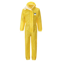 Yellow disposable biztex microporous hooded coverall. The coverall is a type 3/4/5/6 coverall. The hood and cuffs are all elasticated optimising the whole body for protection.