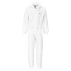 White disposable biztex sms hooded flame resistant  coverall. The coverall is a type 5/6 coverall. The hood and cuffs are all elasticated optimising the whole body for protection. 