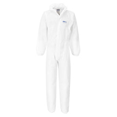 White disposable biztex sms hooded flame resistant coverall. The coverall is a type 5/6 coverall. The hood and cuffs are all elasticated optimising the whole body for protection.