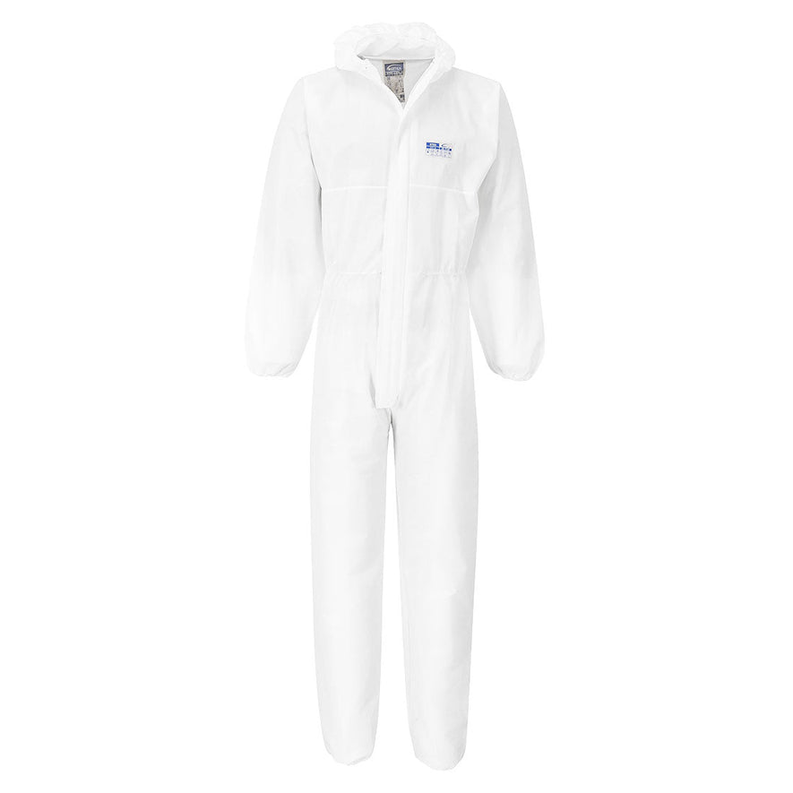 White disposable biztex sms hooded flame resistant coverall. The coverall is a type 5/6 coverall. The hood and cuffs are all elasticated optimising the whole body for protection.
