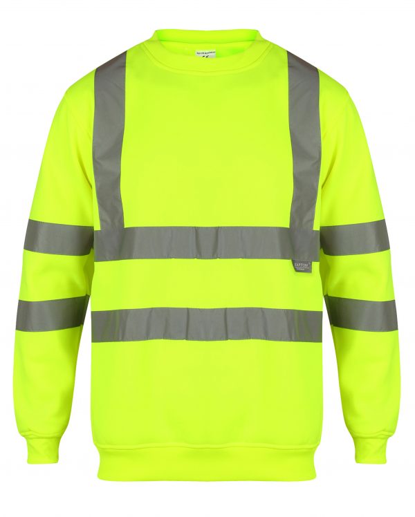 Yellow Hi vis crew neck sweatshirt. Sweatshirts have two hi vis waist bands and hi vis shoulder bands.