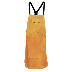 Tan leather welders apron. Apron has a front pocket and black back and shoulder straps.
