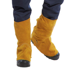 Tan Leather Welding Boot Covers with high ankles, straps under boots and cover over top.