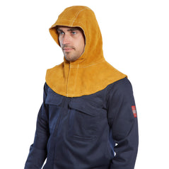 Tan leather welders hood. Hood covers the neck back of the head and forehead areas.
