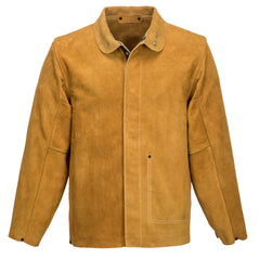 Tan leather welders jacker. Jacket has pop button fasten and pockets.