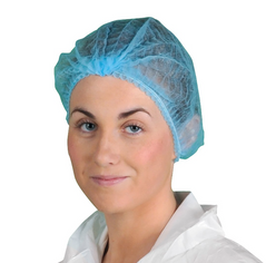 Blue disposable mob cap. Covers hair and has an elasticated hem.